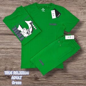 True Religion Bright Green Logo Tee and Shorts Set
